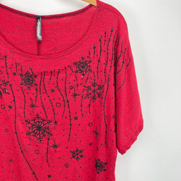 Sweet Clarity Red Black Beaded Floral Shirt M - Picture 4 of 9